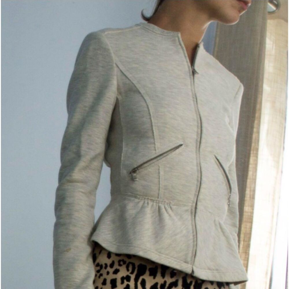 Zara Trafaluc Gray Peplum Cotton Crewneck Full Zip Jacket wZippered Pockets Sz S